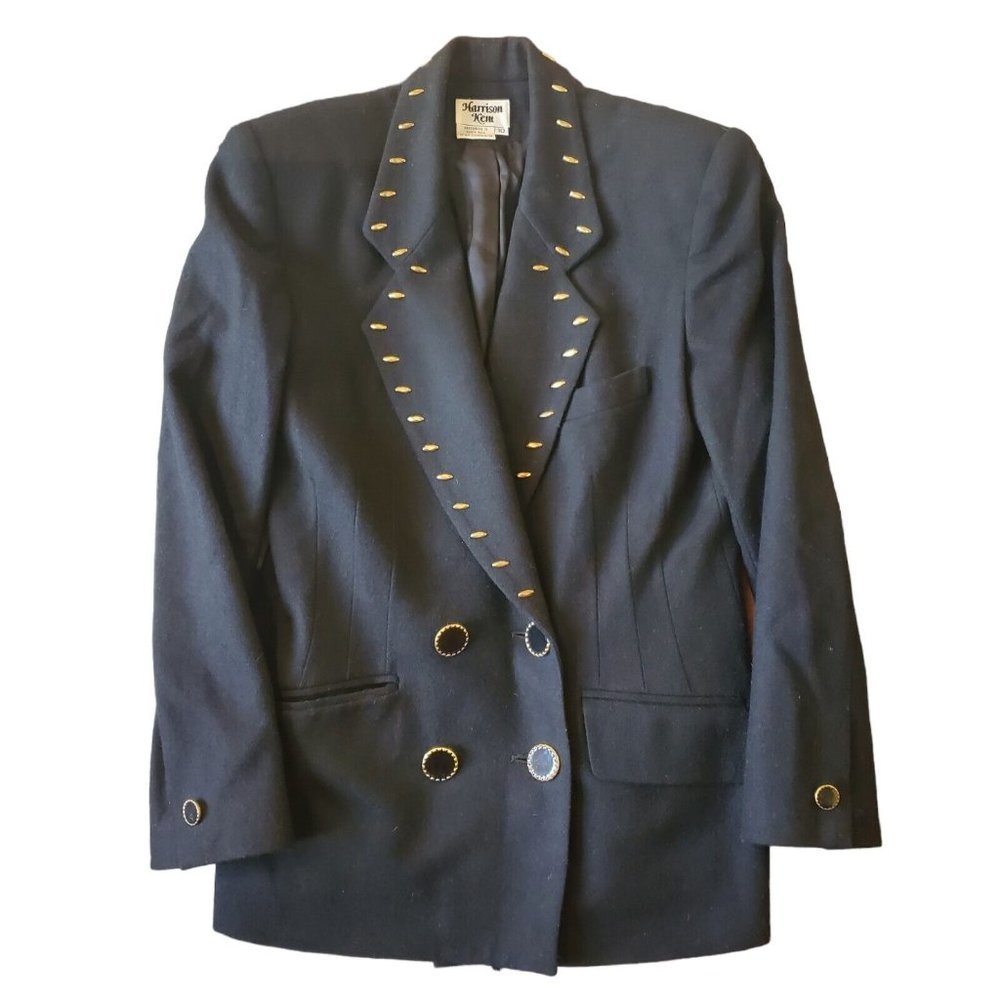 Vintage 90s Black Wool Double Breasted Studded Blazer Gold Enameled Sz Small‎